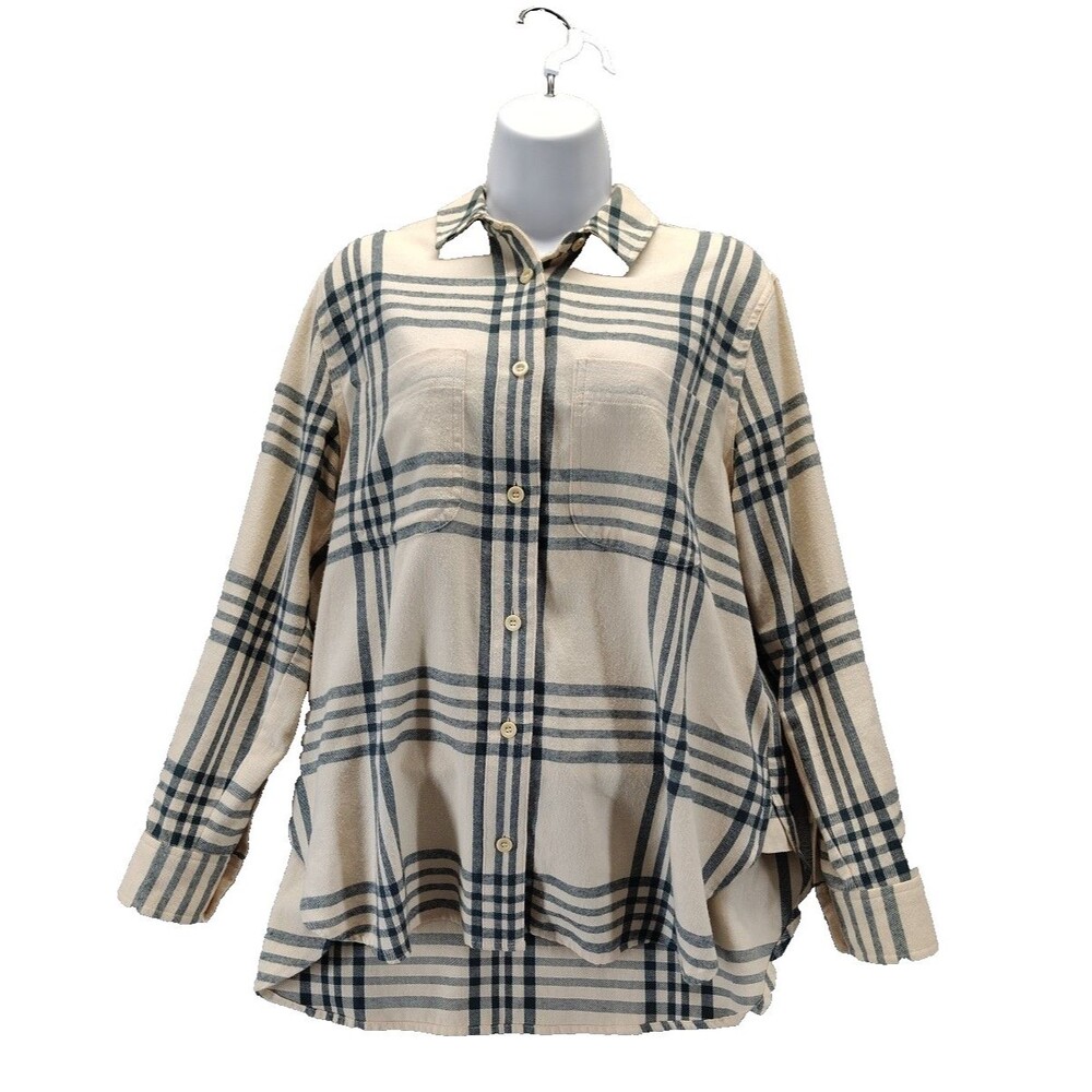 Madewell Womens Sz S Oversized Ex-Boyfriend Button Down Flannel Shirt Cream Blue